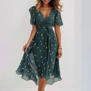 Vestido de gola redonda de cor sólida de poliéster feminino