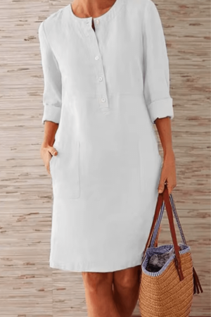 Vestido de Cor Sólida de Algodão e Linho Feminino