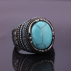 Hot Selling Trendy Personalized Retro Indian Turquoise Titanium Steel Men's Ring
