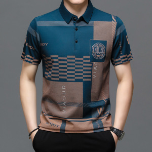 2025 Summer Men's Youth Turn Down Collar Printed Loose Breathable Short Sleeve Dad