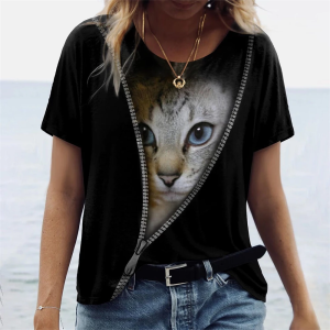 Women's Knitted Cotton Short-Sleeve T-Shirt (3D Cat Pattern Print)