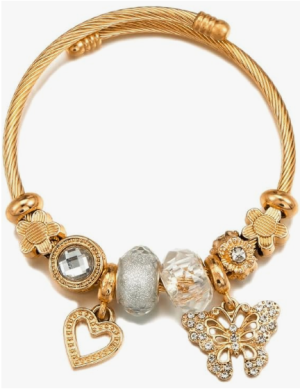 LOMISS PULSEIRA FEMININA DOURADA COM CORAÇÃO E BORBOLETA BRACELETE METÁLICO MODERNA E VERSÁTIL