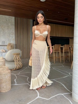 Solid color fringe split swimsuit three piece set