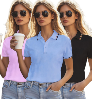 Camisa polo gola virada com cores combinadas, estilo casual e profissional.